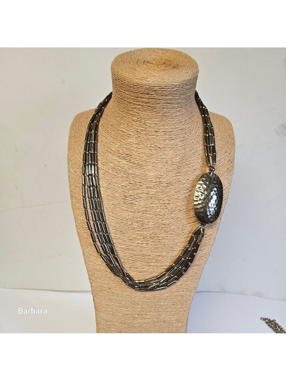 Vintage Offset Silver-tone Hammered Oval with Metal Cylinder Tube Beads Necklace